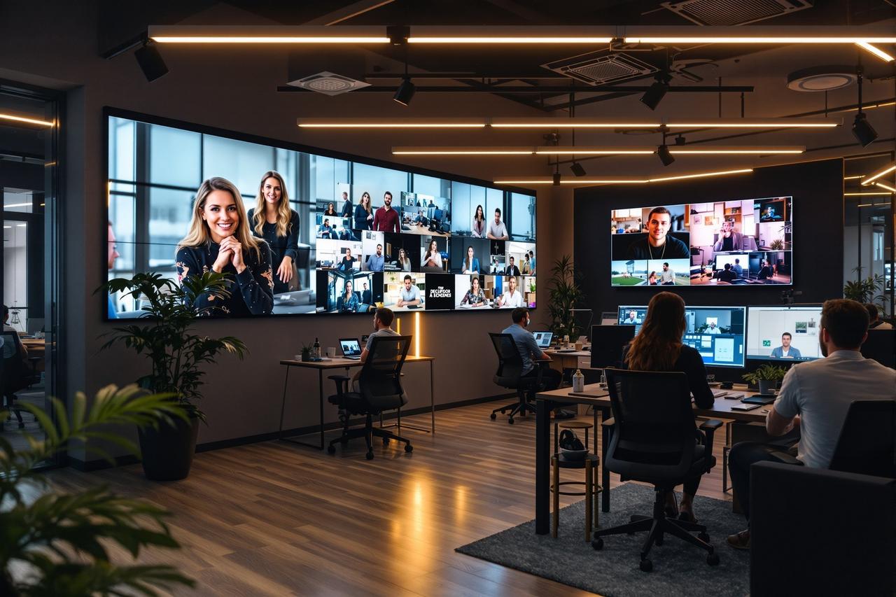 云帧视频44现代化办公环境，大屏幕展示影视内容，专业团队协作空间